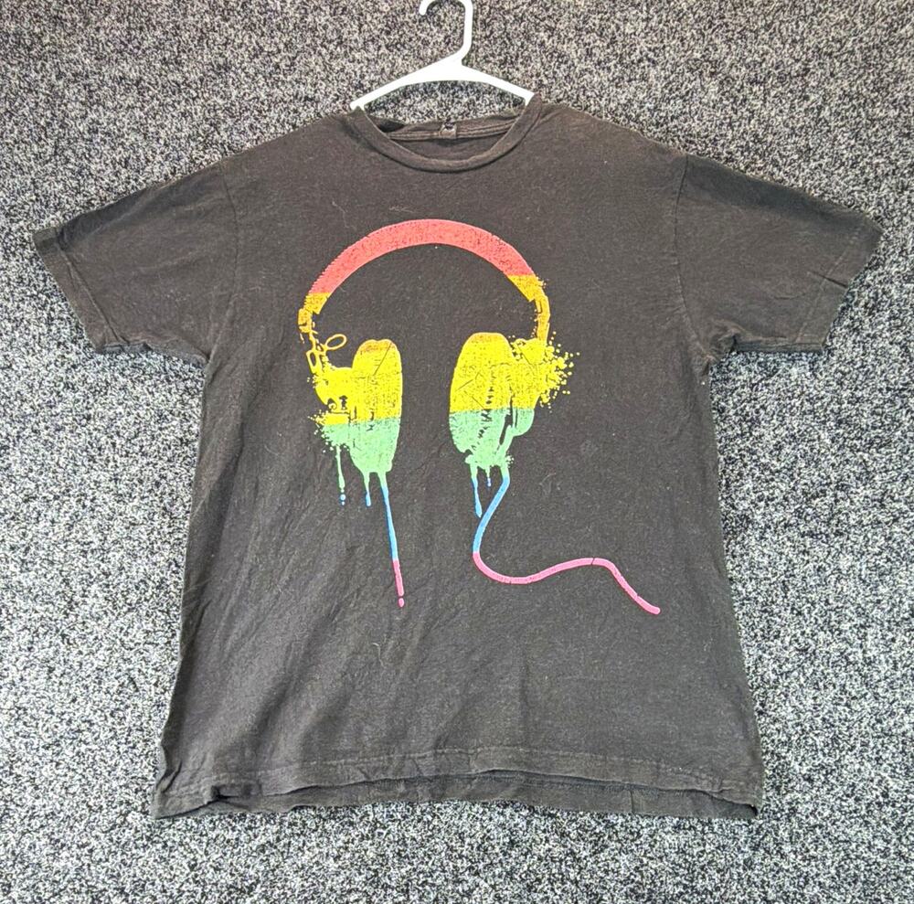 Tultex Men's Black Music Headphones Graphic Crew Neck Cotton Knit Tee L Regular